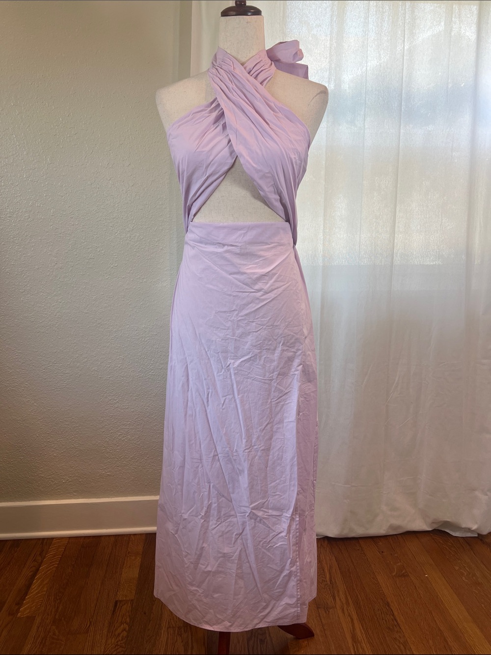 Self Contrast Lavender Halter Crisscross Cutout Cotton Maxi Dress
